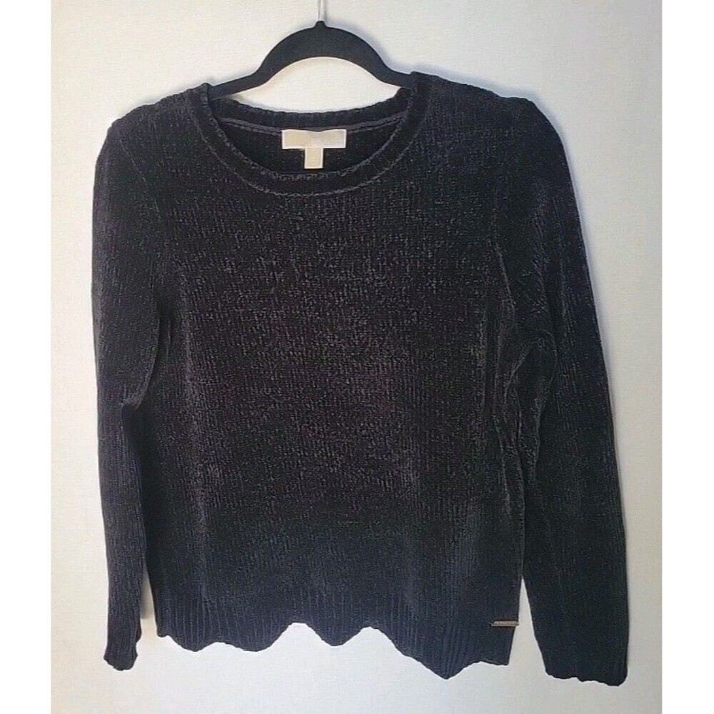 Michael Kors Women’s Sweater Size L Black Chenille Long Sleeve Scallop Hem